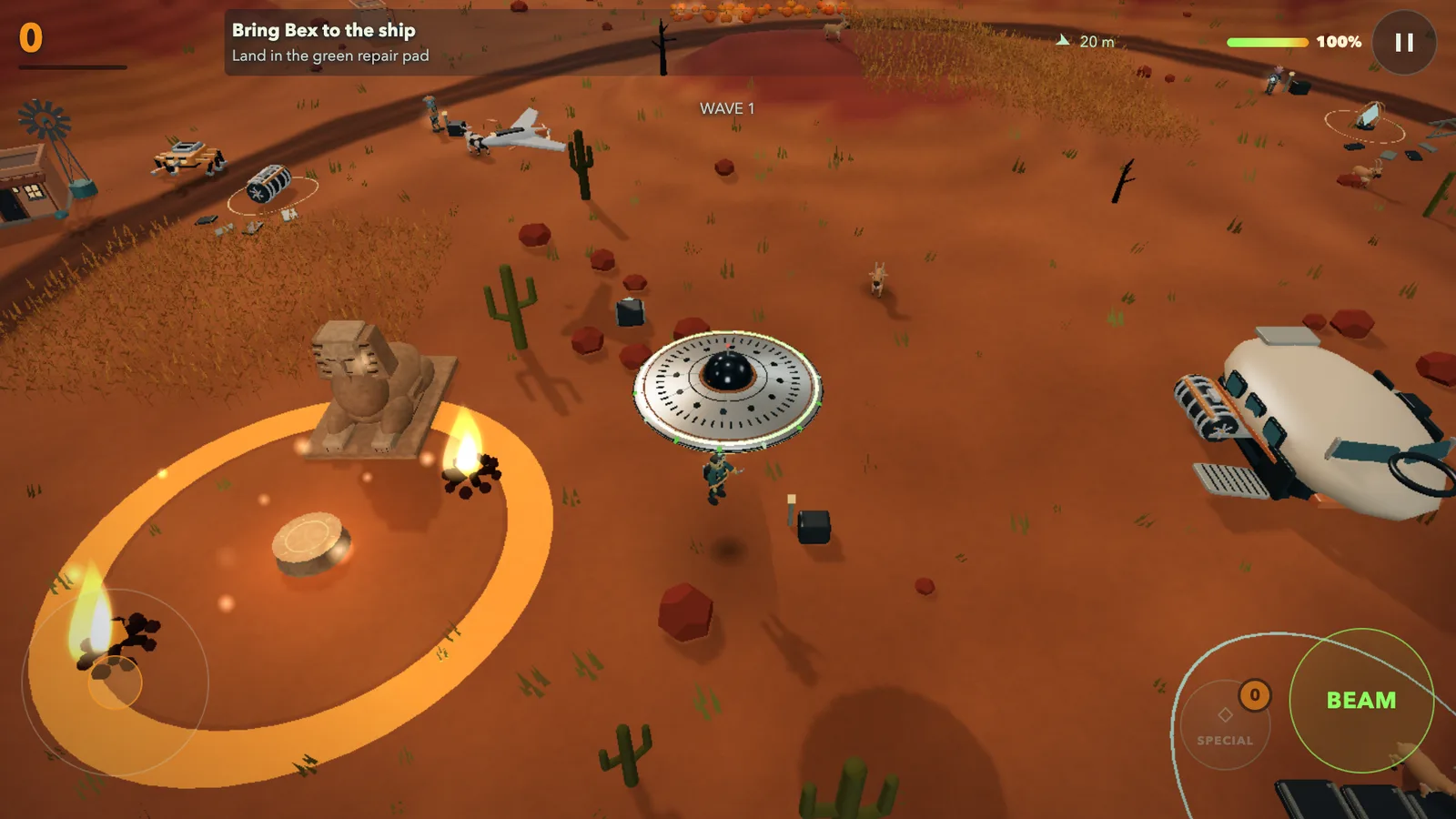 A saucer carrying a stranded crew member through the desert repair mission.
